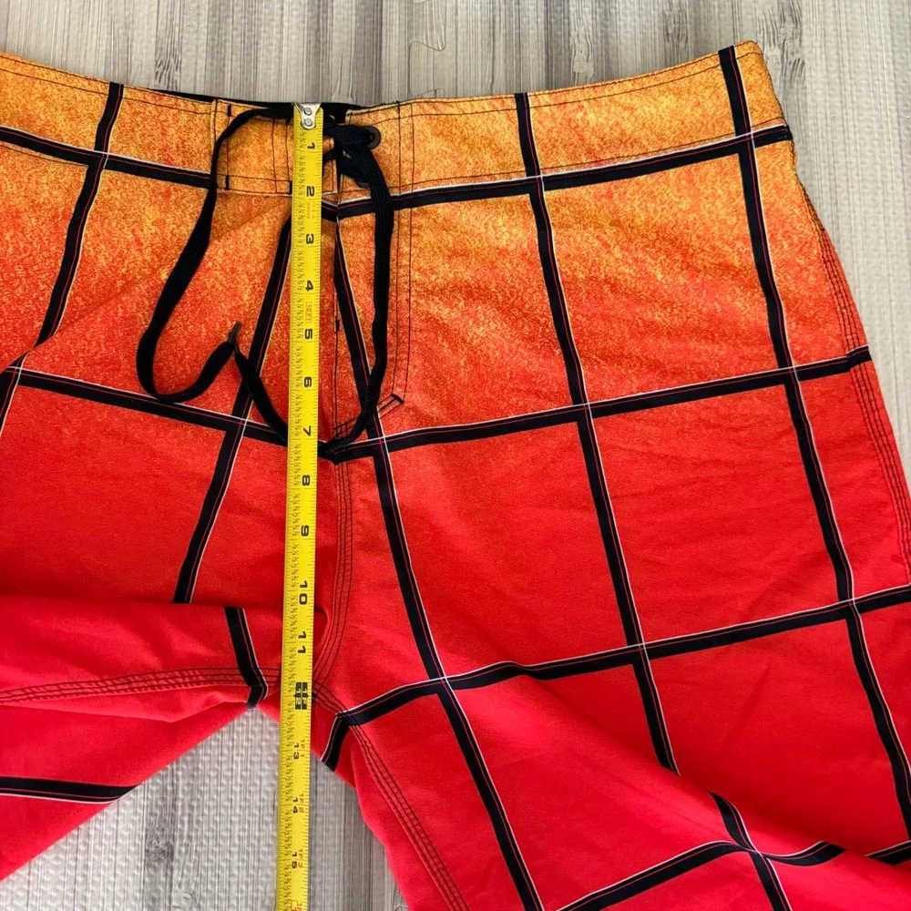 Burnside Board Shorts Mens 36 Orange Red Grid Plaid Swim Trunks Surf Quick Dry